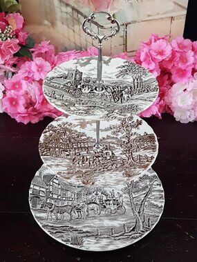Vintage 3-Tier Tiered Cupcake Stand English Ironstone Brown Transferware
